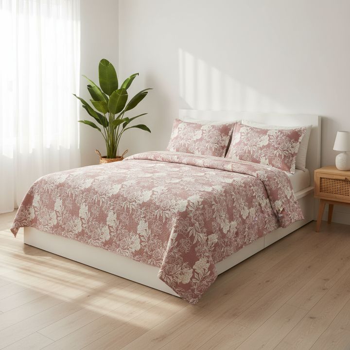 Colcha rosé com estampa floral em cama de casal