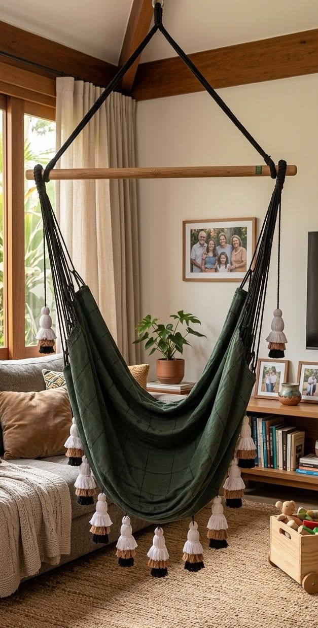 Rede de descanso verde com franjas em uma sala aconchegante